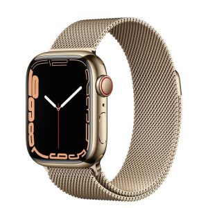 Часы Apple Watch Series 7 GPS + Cellular 41 мм, корпус нержавеющая сталь золото, миланский сетчатый браслет золотой