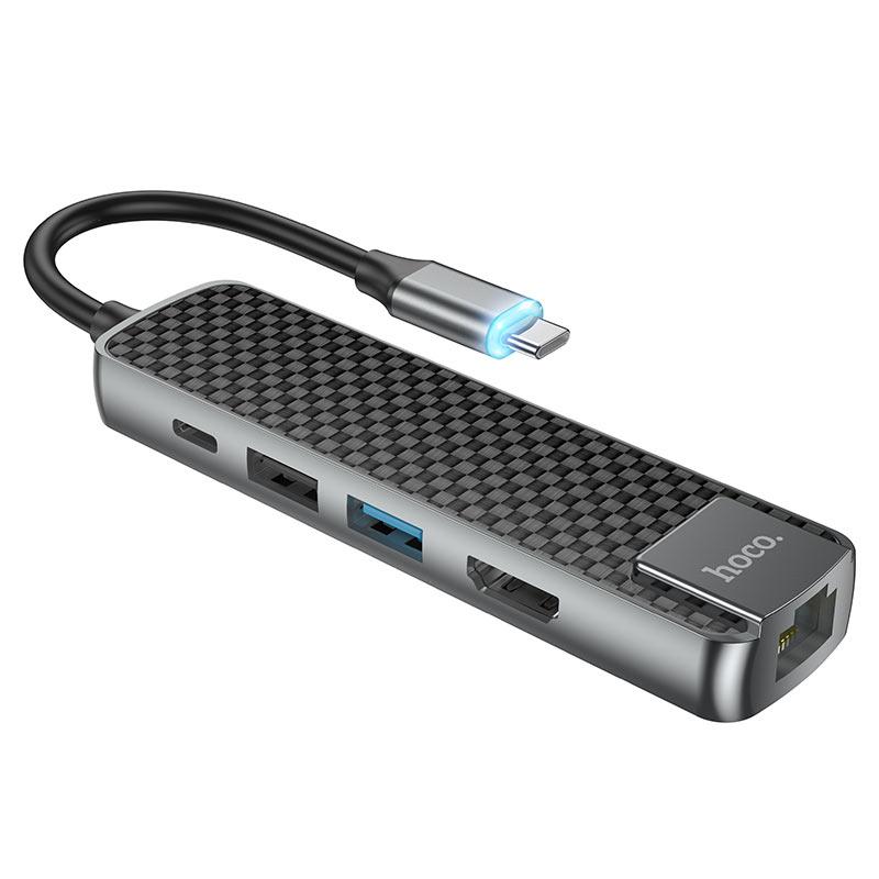 Адаптер переходник HOCO с Type-C USB на HDMI+RJ45+USB 2.0+USB 3.0+PD 60W / металл серый HB23