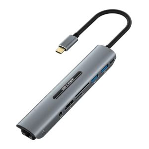 Переходник iNeez для Macbook Type-C to 8in1 2 USB3.0/SD/TF/HDMI/Audio/Lan/PD Серый